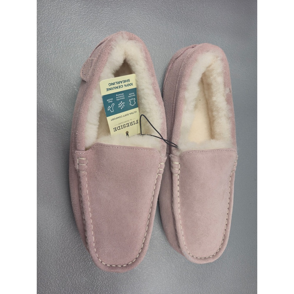 Fireside by Dearfoams Womens Pink Suede Shearling Moccasin Slippers Size 11 NEW
